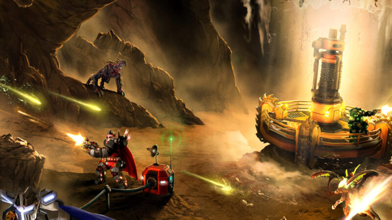 Deep Rock Galactic dwarven miners key art with mining equipment