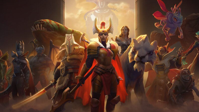 Dota 2 key art showing Radiant and Dire heroes clashing on the map