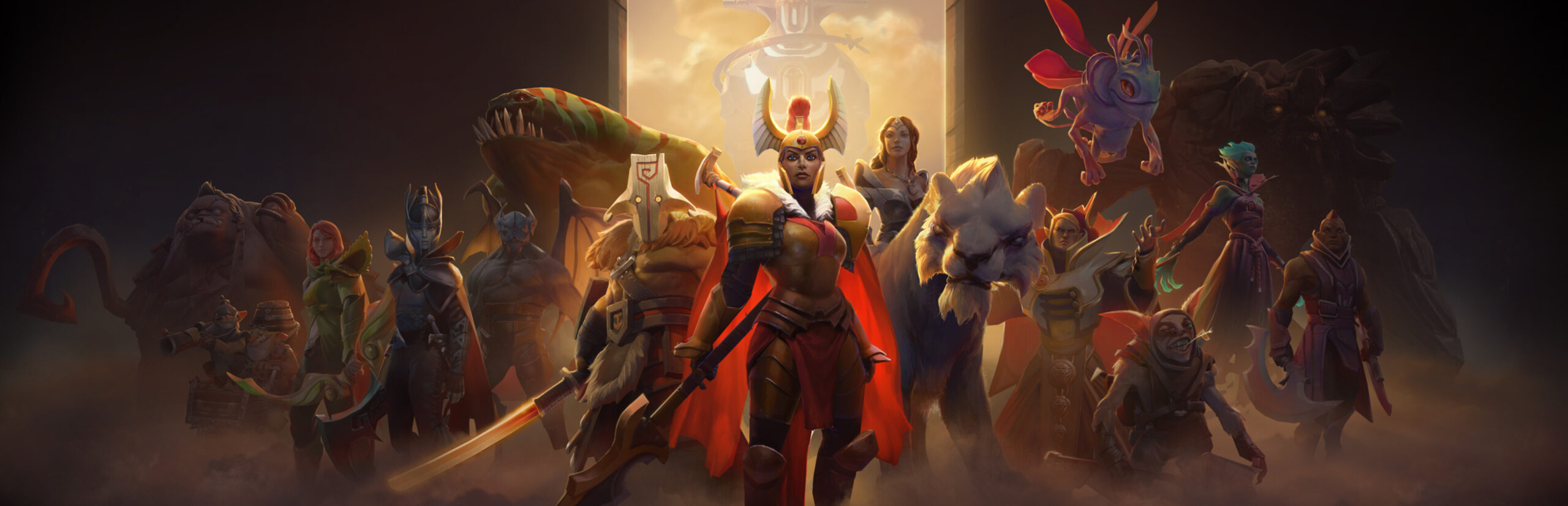 Dota 2 key art showing Radiant and Dire heroes clashing on the map