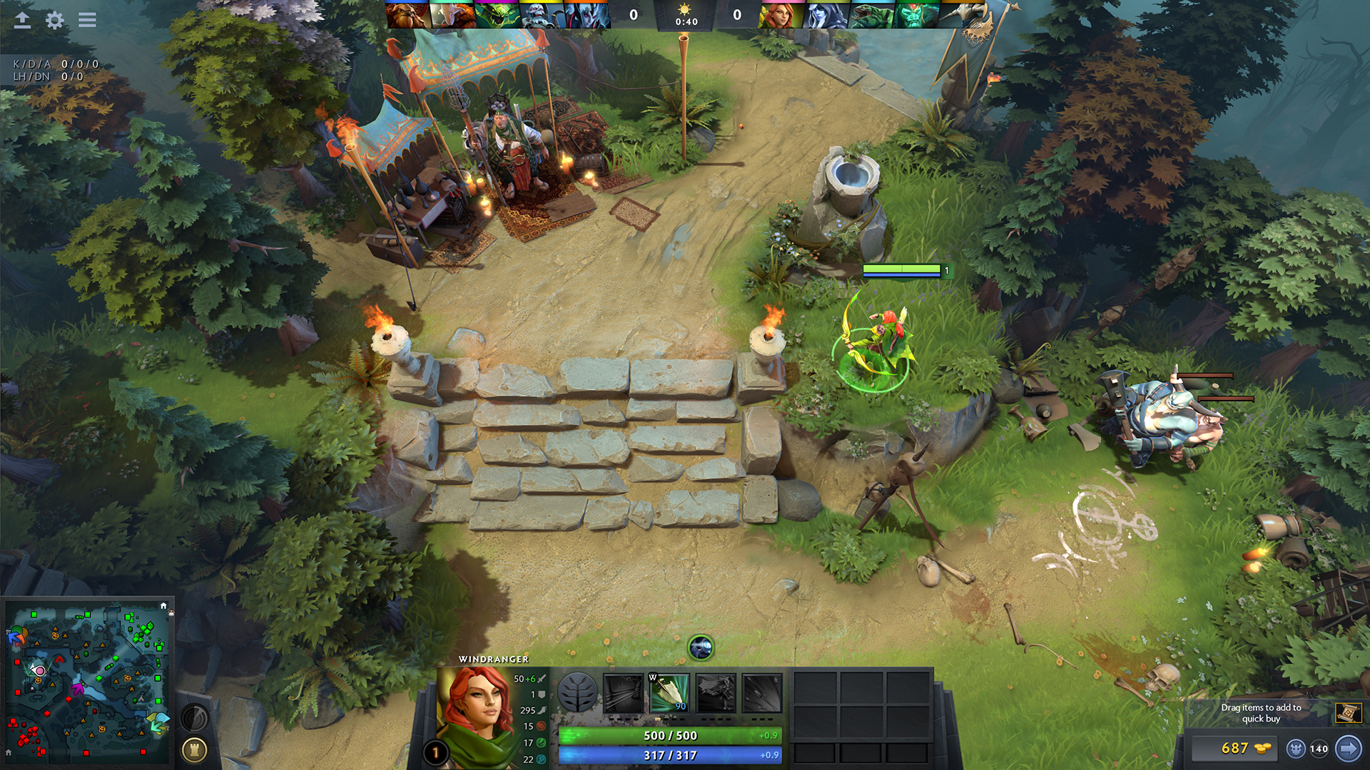 Dota 2 screenshot showing a support hero holding vision and map control