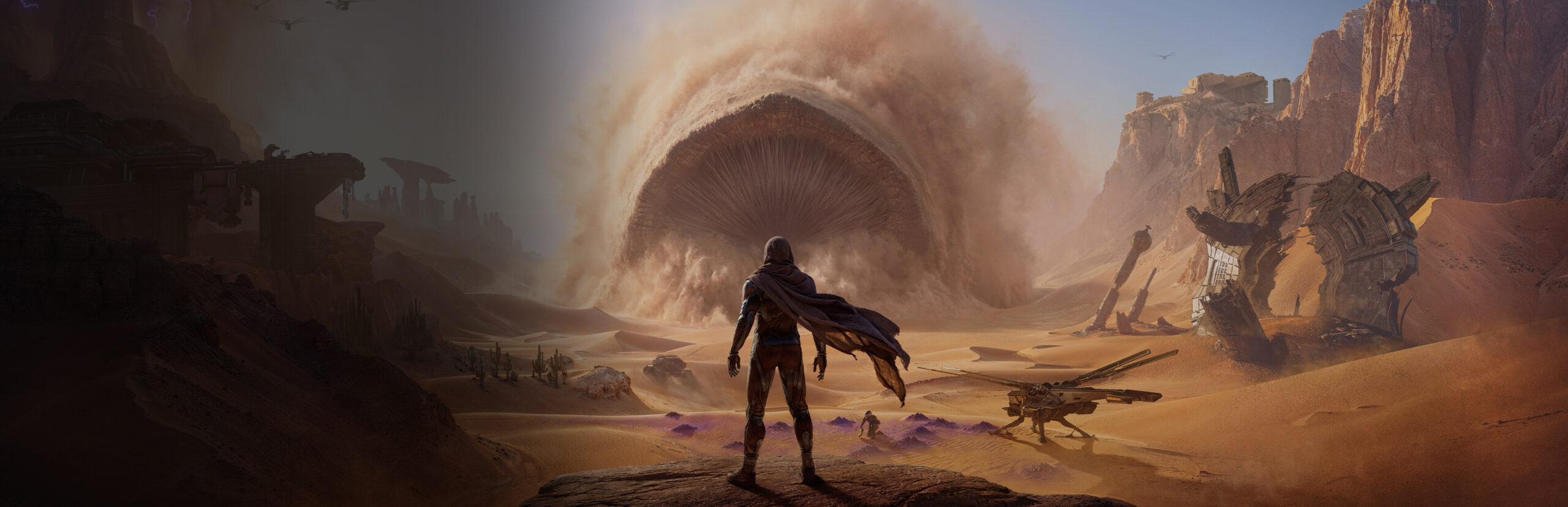 Dune: Awakening key art showing a stillsuited character on Arrakis