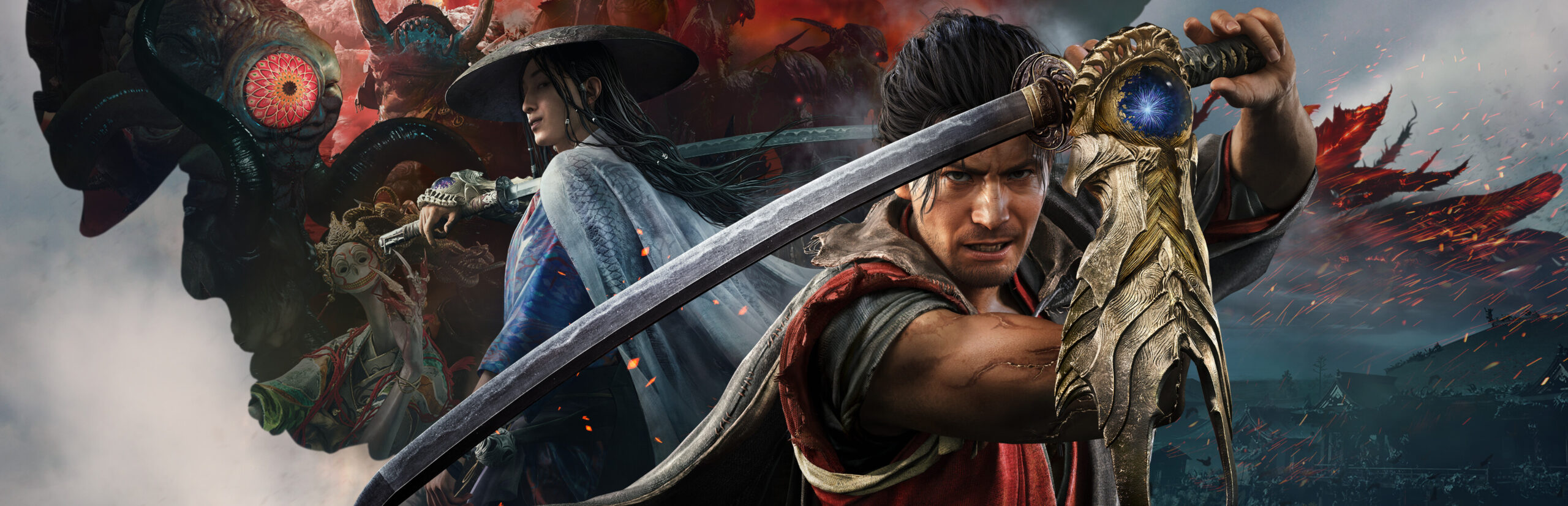 Key art for Onimusha: Way of the Sword showing a samurai warrior gripping a katana in a feudal Japan battlefield setting