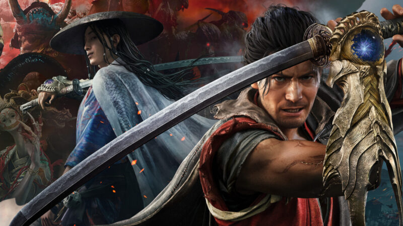 Onimusha Way of the Sword key art of Miyamoto Musashi with the Oni Gauntlet