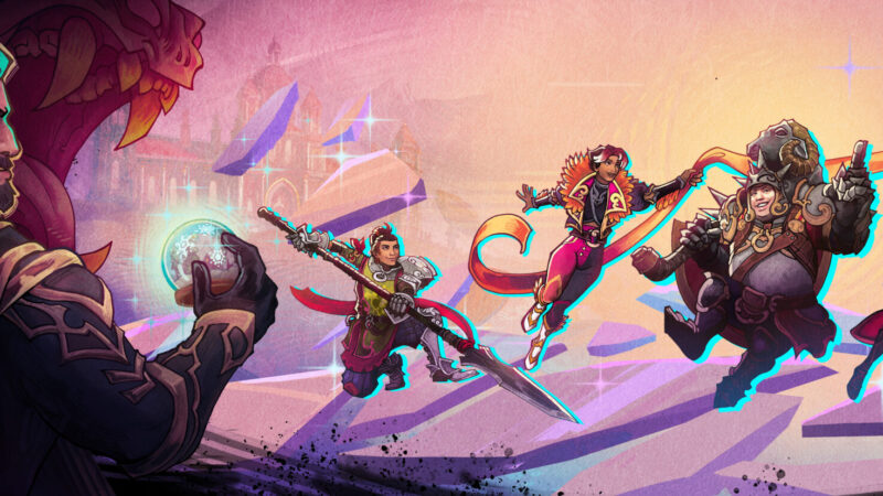 Trine 6: Together in Time key art showing Amadeus, Zoya, Pontius and new heroes Moira and Adrius