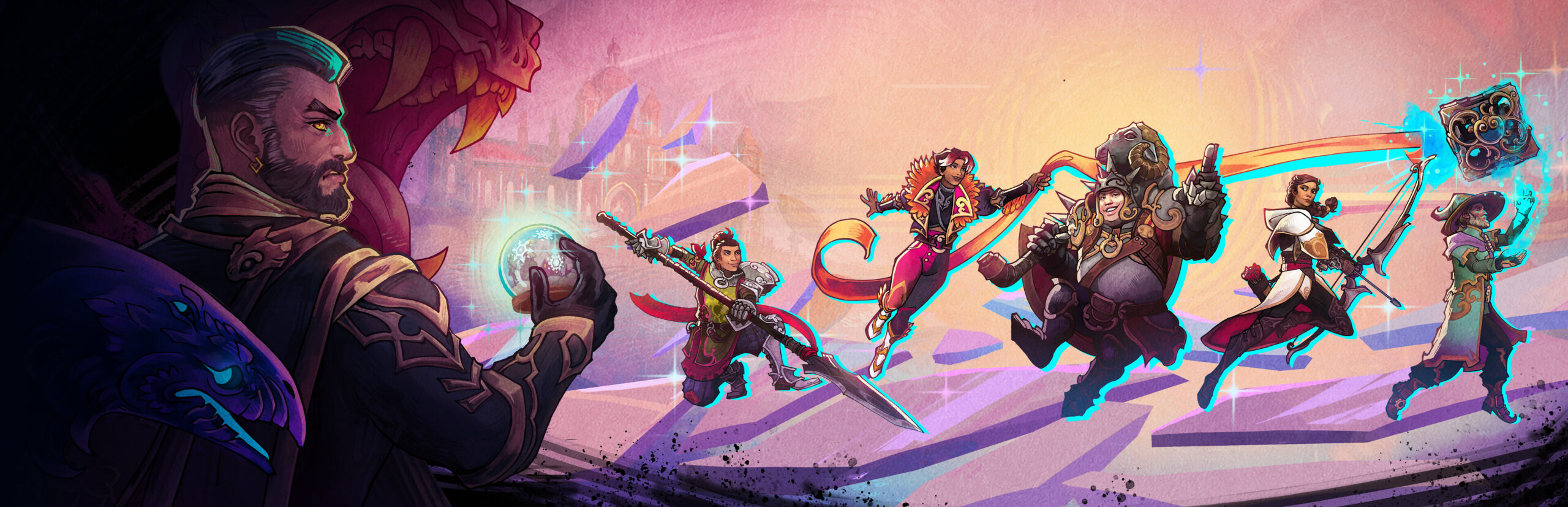 Trine 6: Together in Time key art showing Amadeus, Zoya, Pontius and new heroes Moira and Adrius