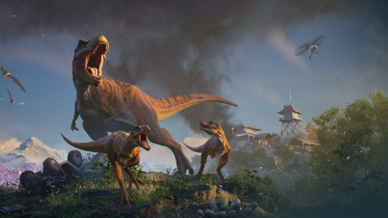 Jurassic World Evolution 3 key art featuring the park's dinosaurs, representing the Carcharodontosaurus Free Update 1.5