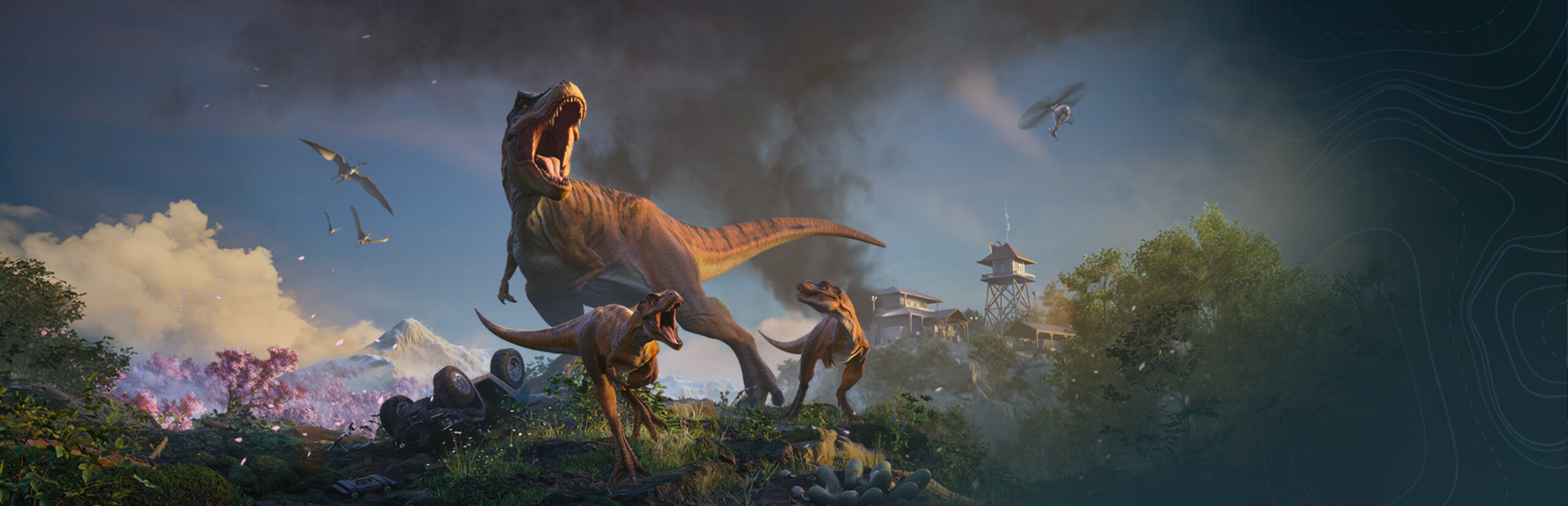 Jurassic World Evolution 3 key art featuring the park's dinosaurs, representing the Carcharodontosaurus Free Update 1.5