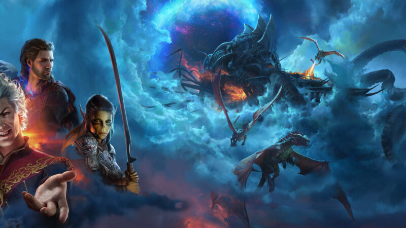 Baldur's Gate 3 official key art showing the party of adventurers with Faerun in the background