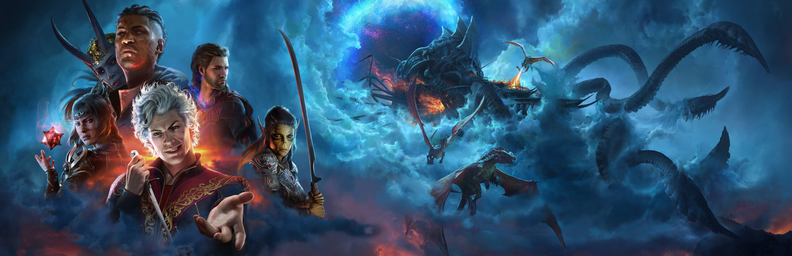 Baldur's Gate 3 official key art showing the party of adventurers with Faerun in the background