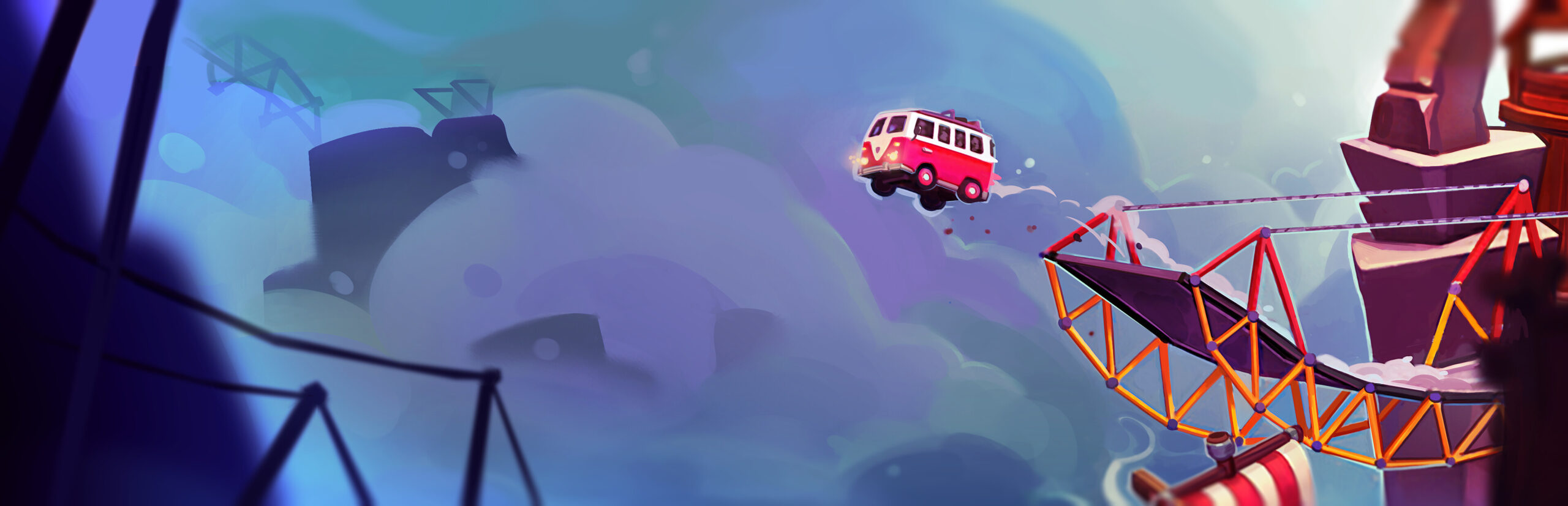 Poly Bridge 3 key art showing colorful bridge structures over a chasm