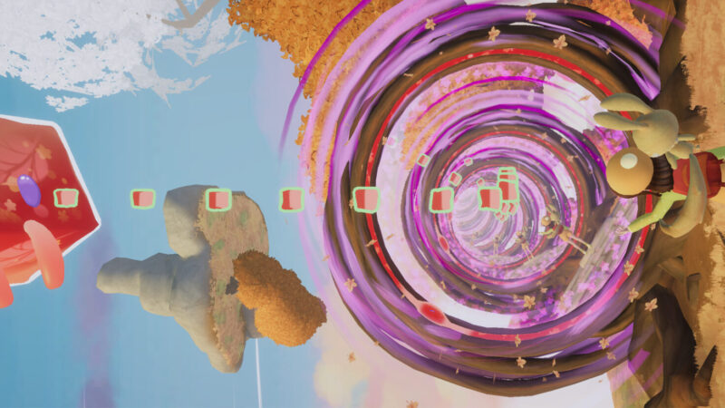 Nomori key art with a character suspended amid shifting gravity and portal effects