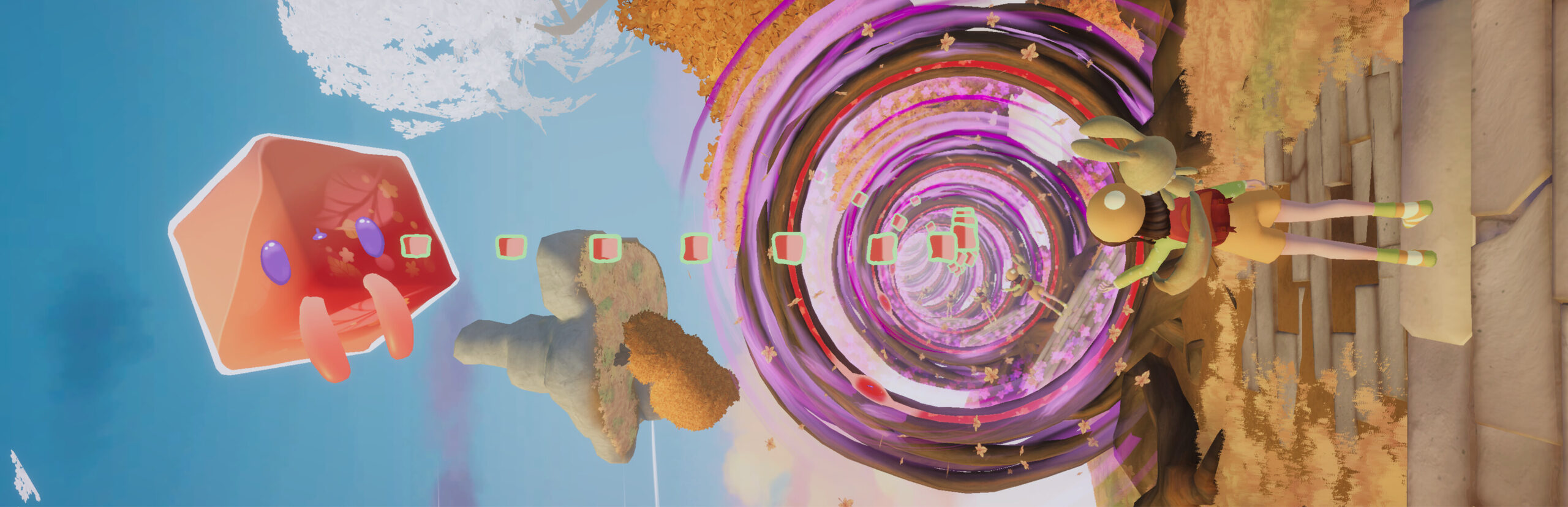 Nomori key art with a character suspended amid shifting gravity and portal effects