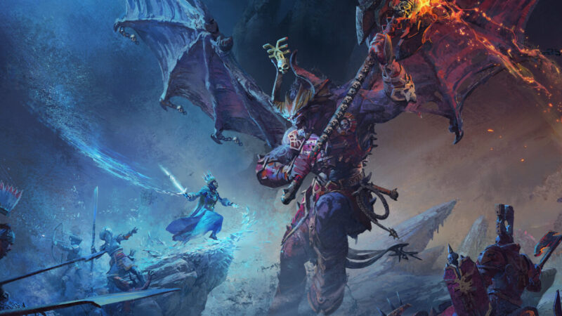 Total War: Warhammer III key art showing armies of the End Times clashing beneath a stormy sky