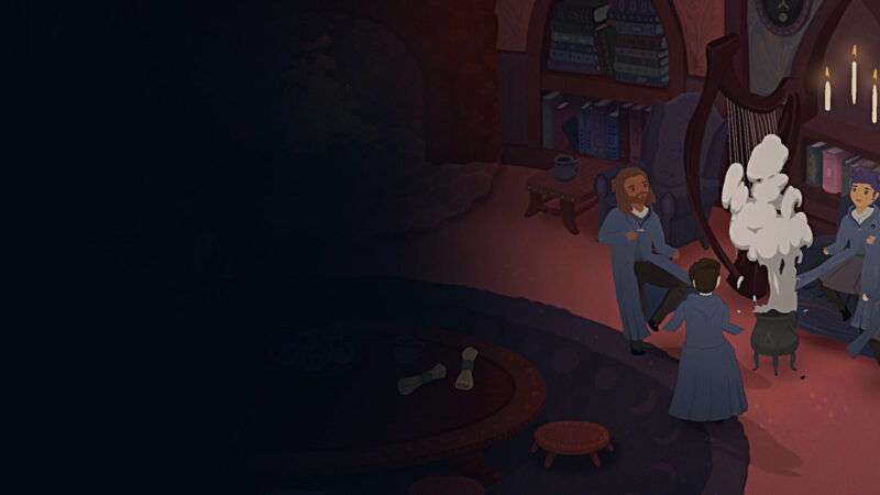 Songs of Glimmerwick library hero artwork of a young witch playing a flute in a woodland academy