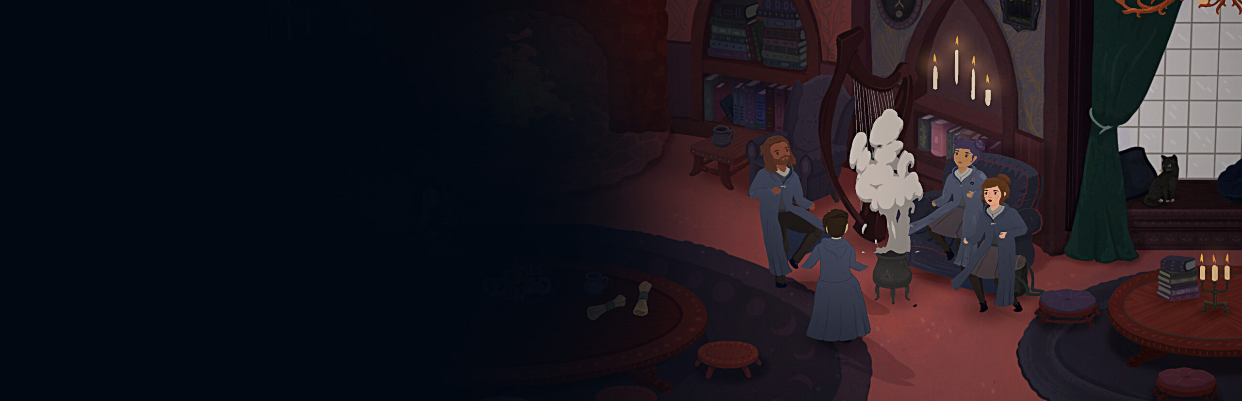 Songs of Glimmerwick library hero artwork of a young witch playing a flute in a woodland academy