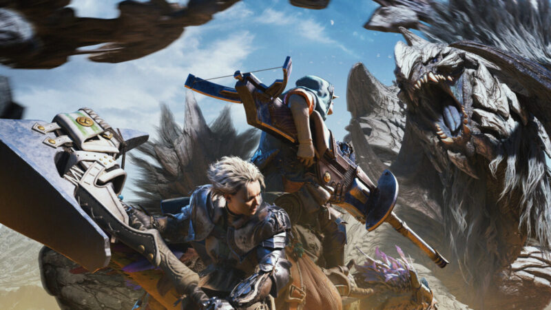 Monster Hunter Wilds key art of a hunter facing a massive wyvern