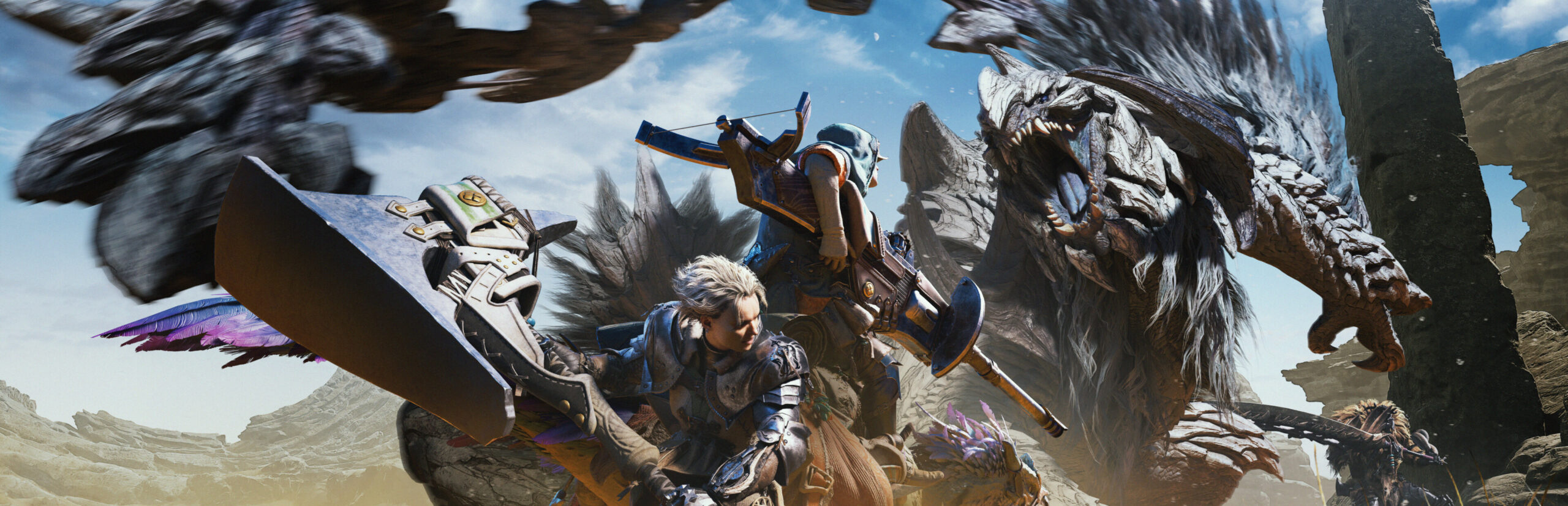 Monster Hunter Wilds key art of a hunter facing a massive wyvern