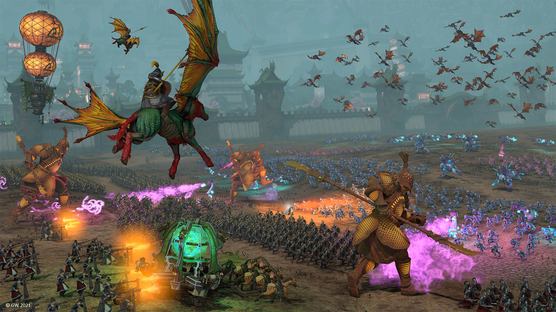 Total War: Warhammer III battle screenshot showing two armies clashing on the campaign battlefield