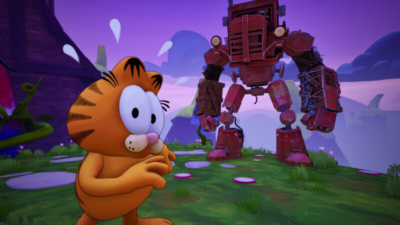 Garfield leaping through a surreal, nightmarish 3D dreamscape inspired by Jon's spinach lasagna in Garfield – Escape from Monday