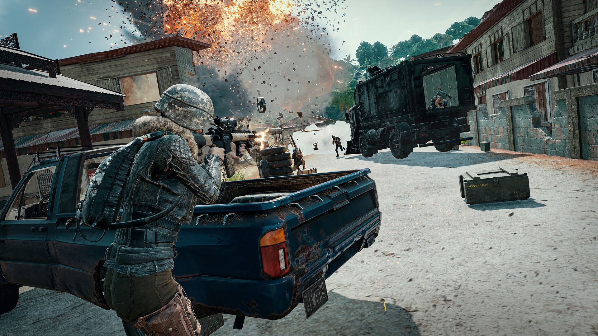 PUBG squad looting a compound for weapons and gear