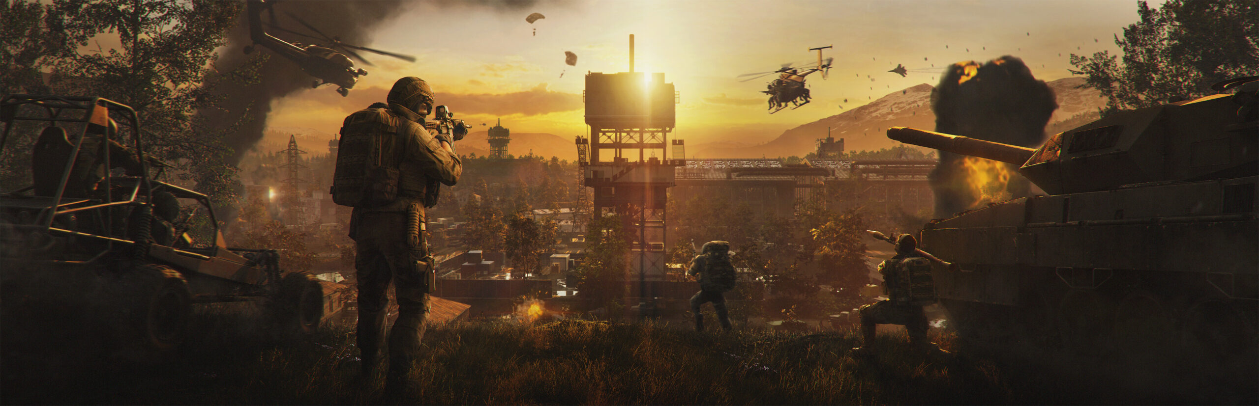 WARDOGS key art showing rival 100-player teams clashing in tactical combined-arms combat
