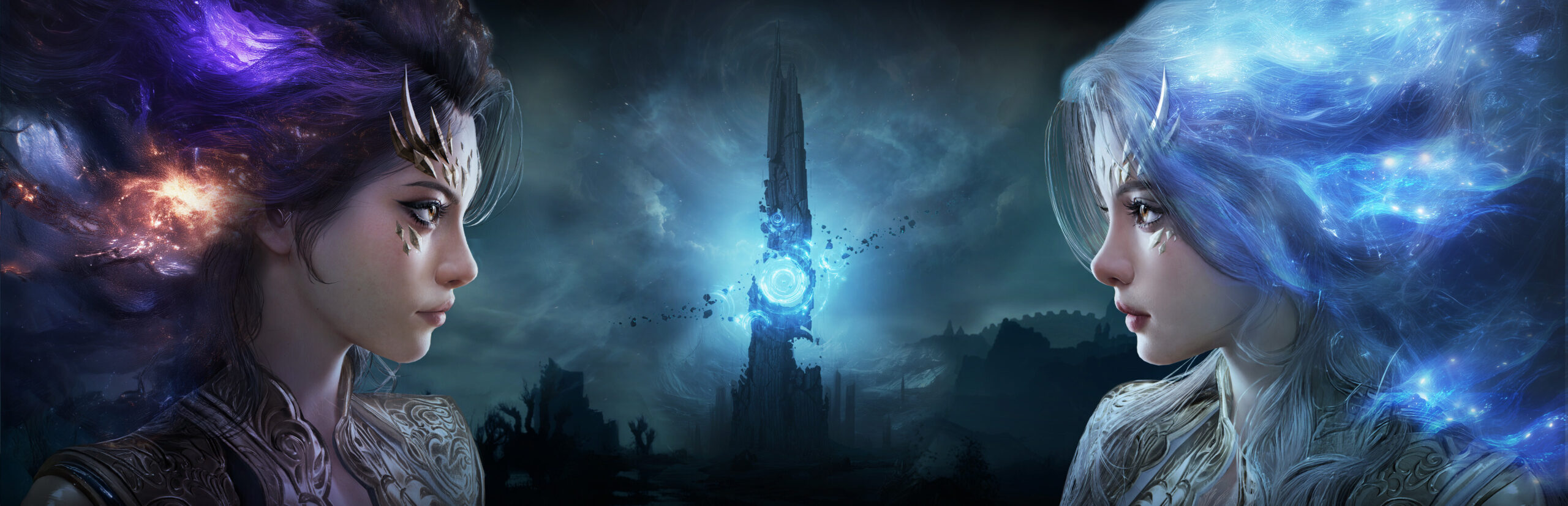 AION 2 key art showing winged Daeva characters in NCSOFT's fantasy MMORPG