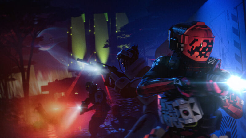 Marathon key art showing an armored Runner in a neon-lit extraction zone