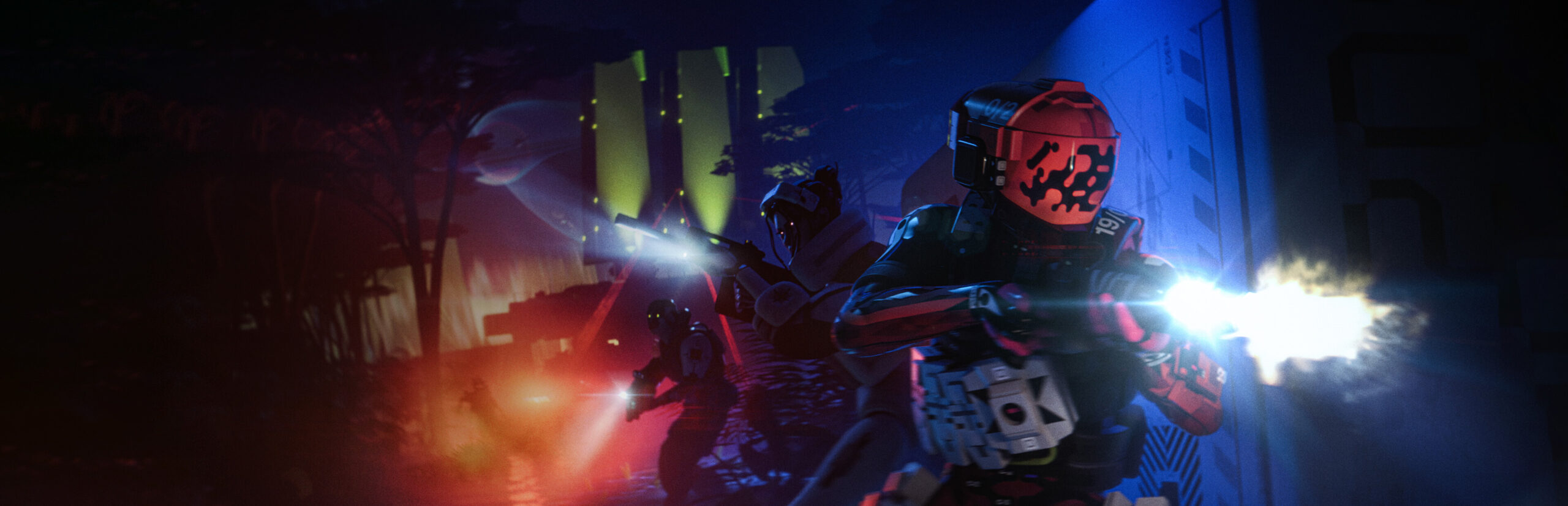 Marathon key art showing an armored Runner in a neon-lit extraction zone