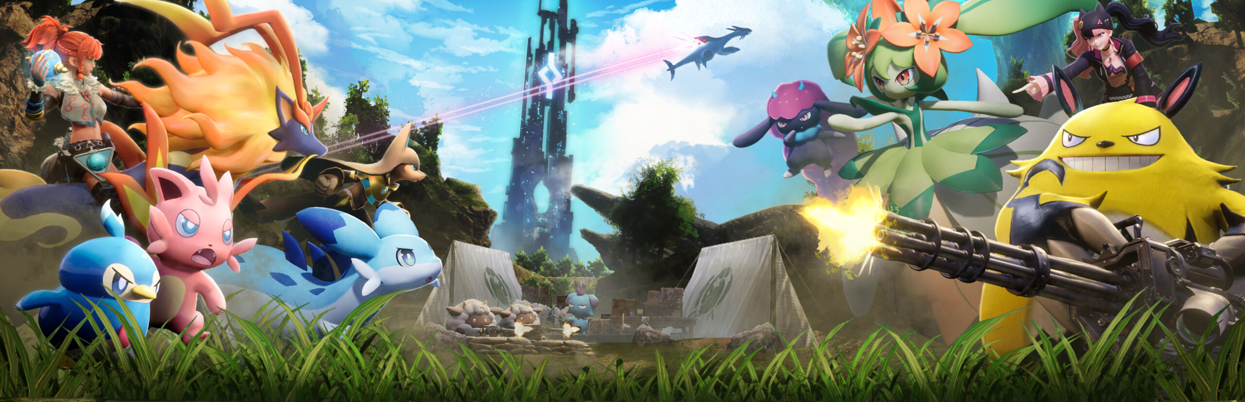 Palworld key art showing a trainer with a group of Pals