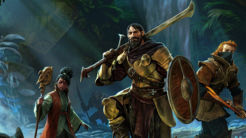 Enshrouded key art showing a cloaked adventurer overlooking a fantasy voxel world