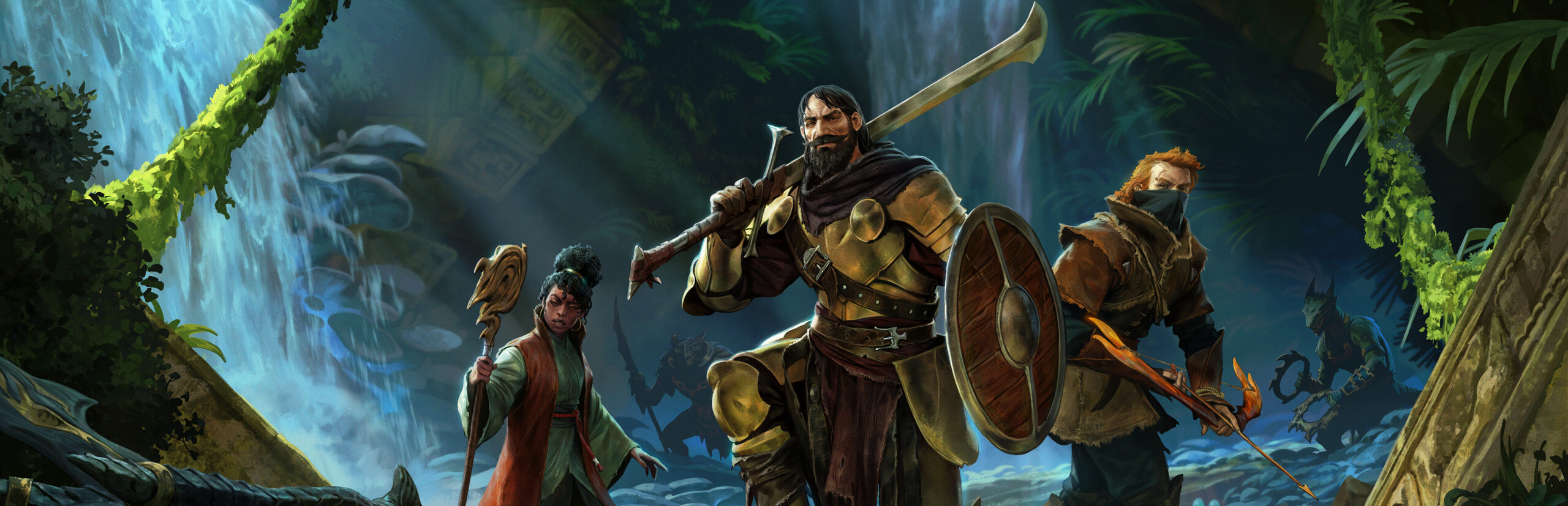 Enshrouded key art showing a cloaked adventurer overlooking a fantasy voxel world