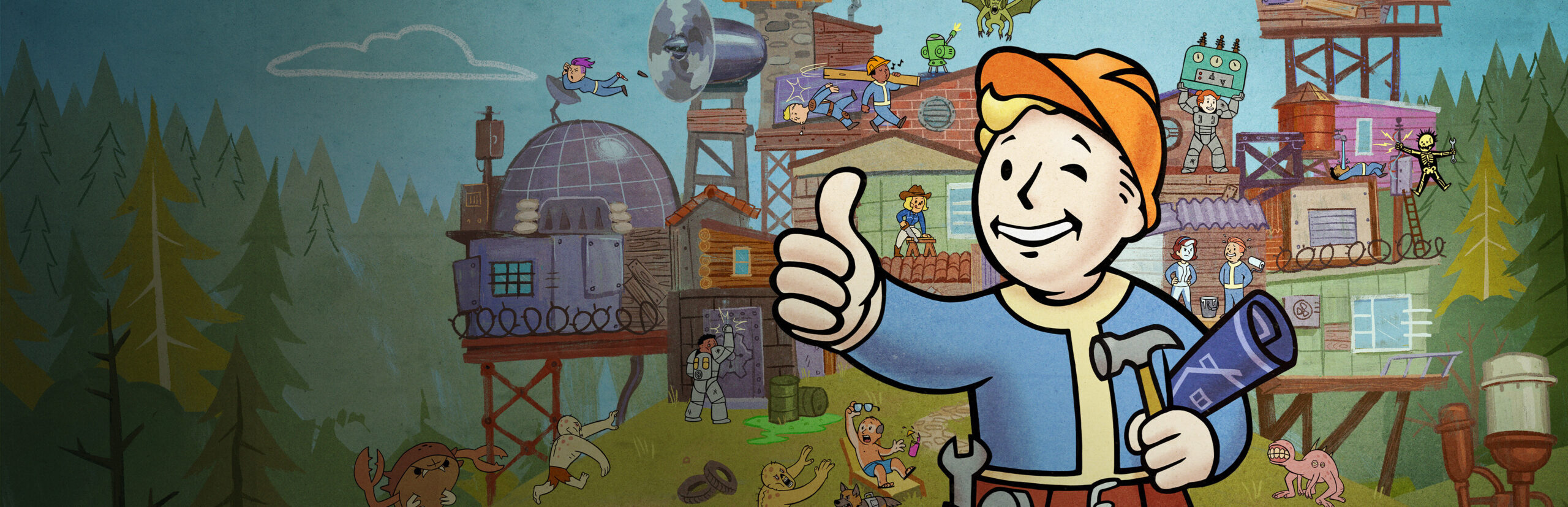 Fallout 76 key art showing Vault Dwellers exploring the post-apocalyptic wasteland of Appalachia