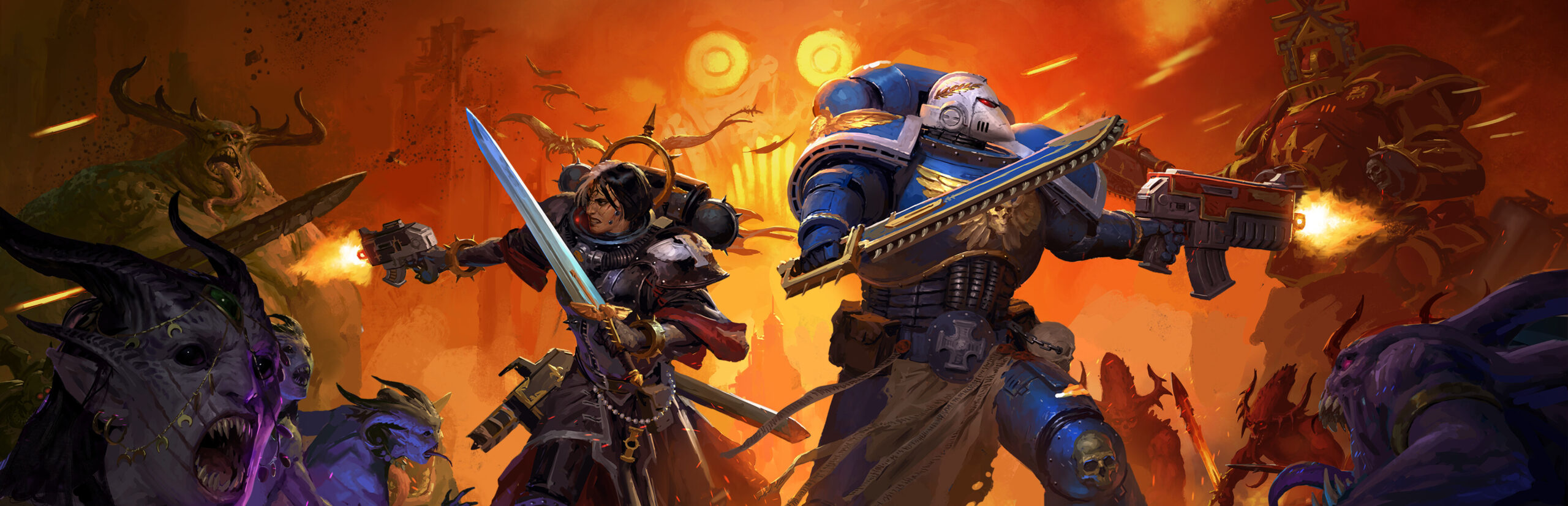Warhammer 40,000: Boltgun 2 key art showing a Space Marine battling daemonic forces