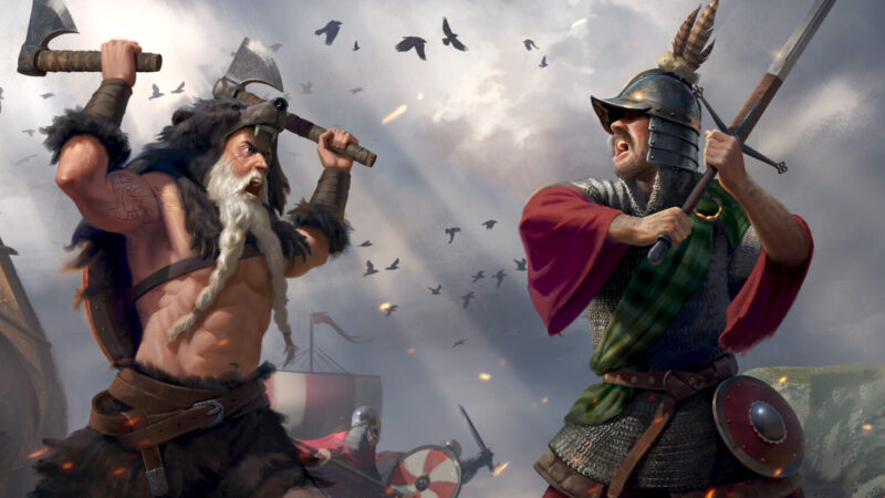 Age of Empires IV: Raiders of the North key art showing Viking and Scottish warriors