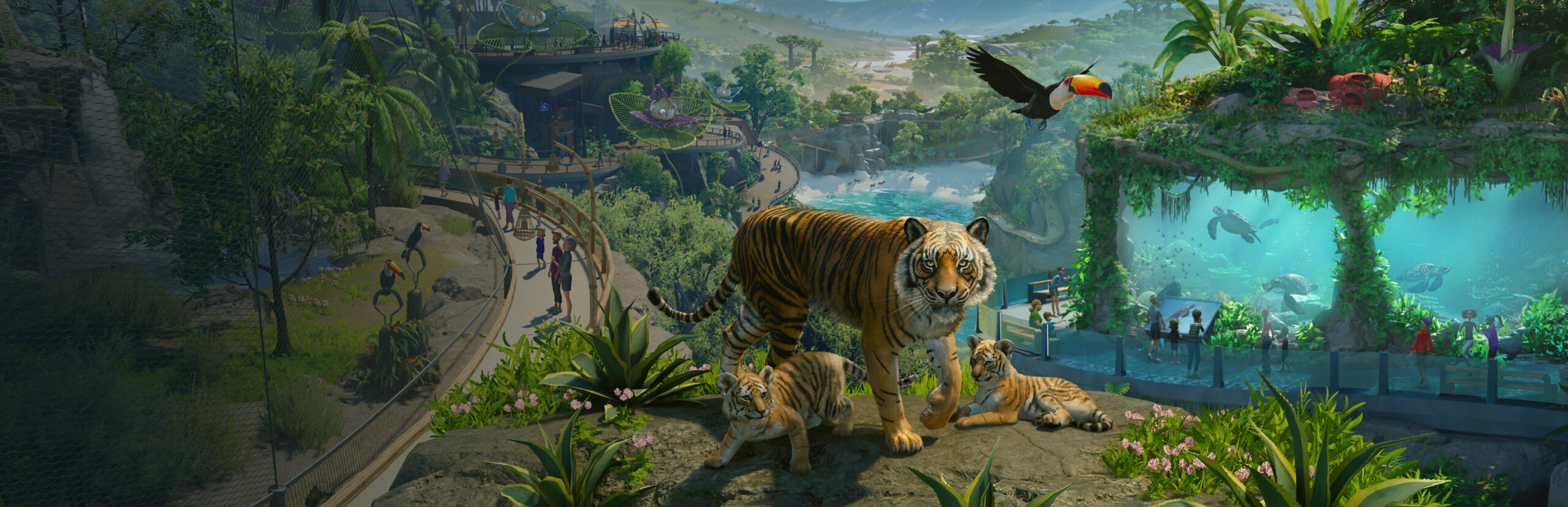 Planet Zoo 2 key art featuring the game's animals and habitats