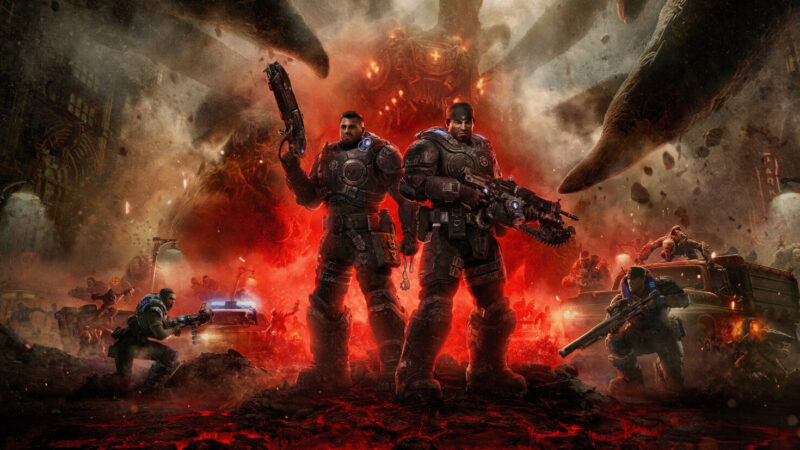 Gears of War: E-Day key art featuring young Marcus Fenix and Dom on Emergence Day