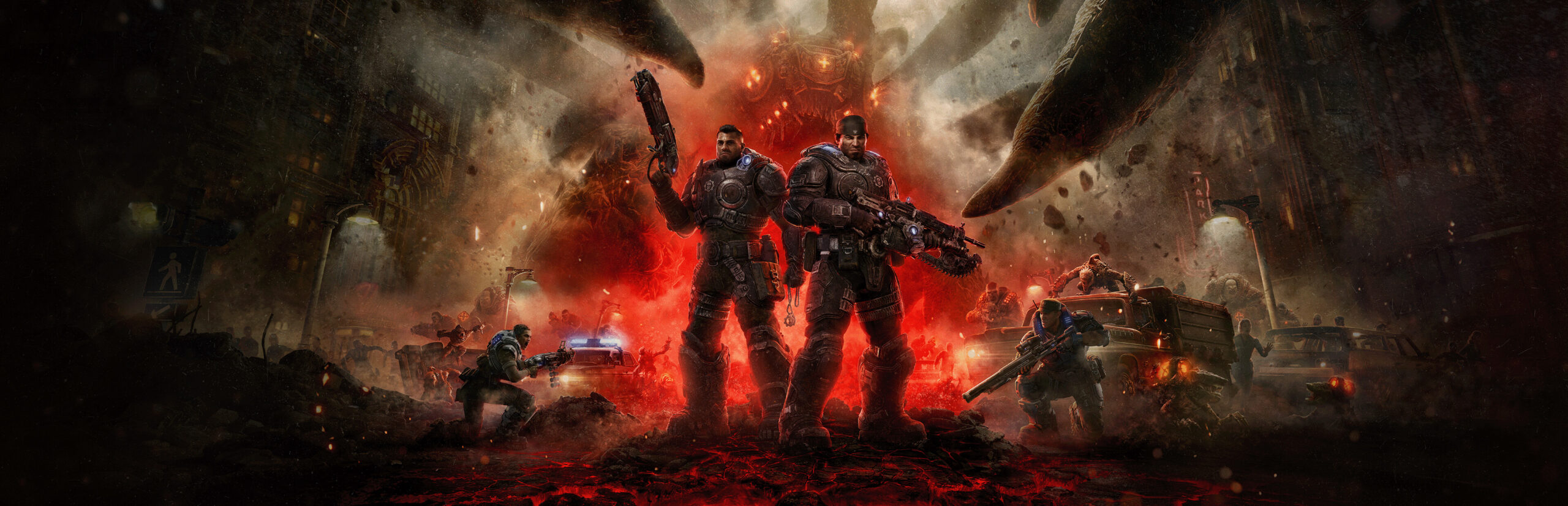 Gears of War: E-Day key art featuring young Marcus Fenix and Dom on Emergence Day
