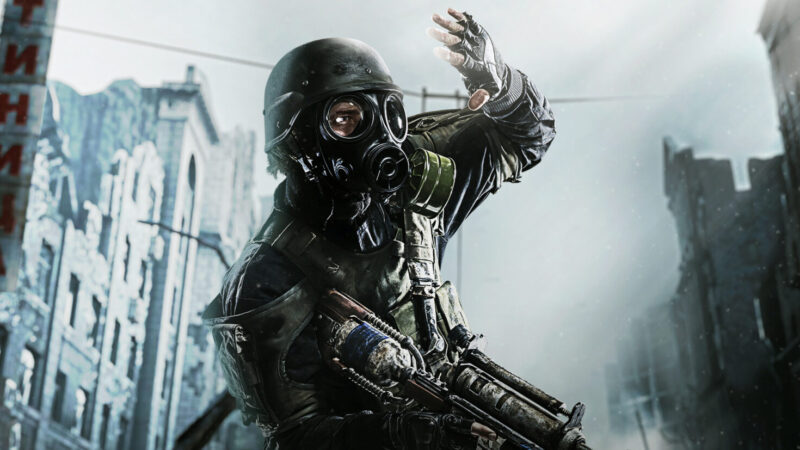 Metro 2033 Redux next-gen update key art of a masked survivor in the Moscow Metro tunnels