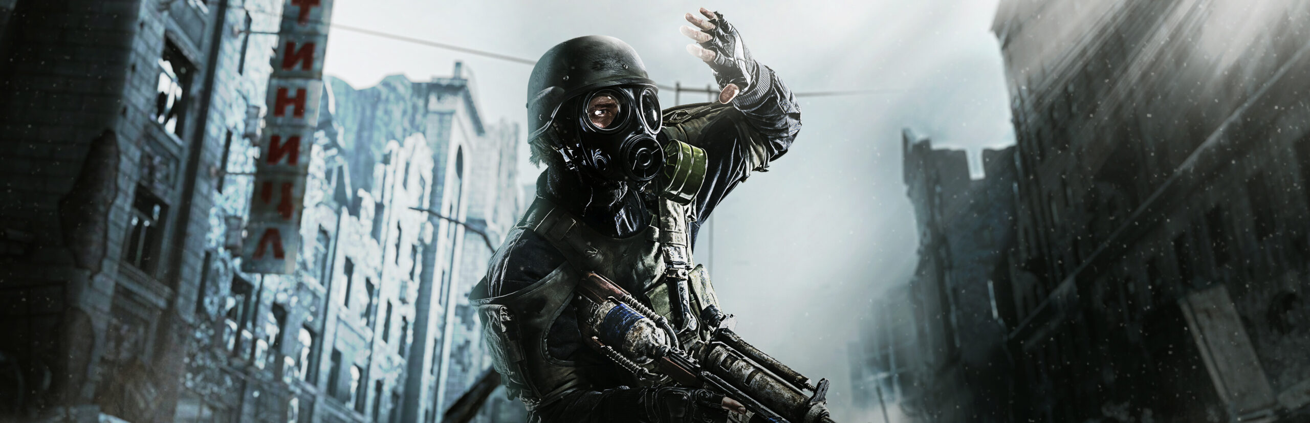 Metro 2033 Redux next-gen update key art of a masked survivor in the Moscow Metro tunnels