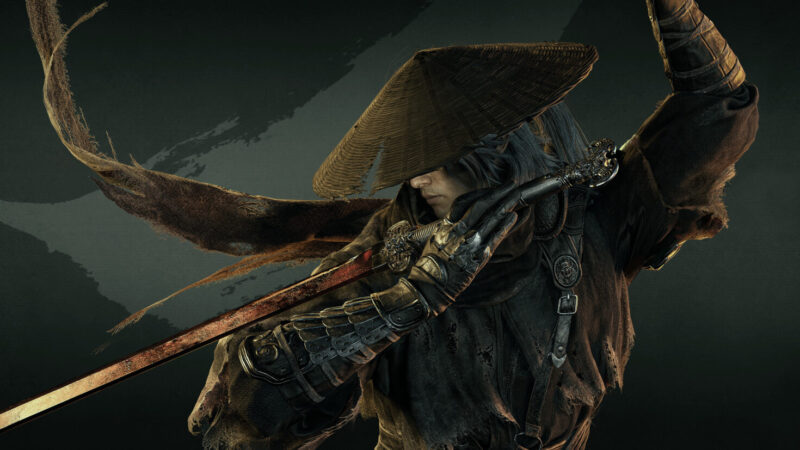 Phantom Blade Zero key art of a masked swordsman in a neon-lit alley