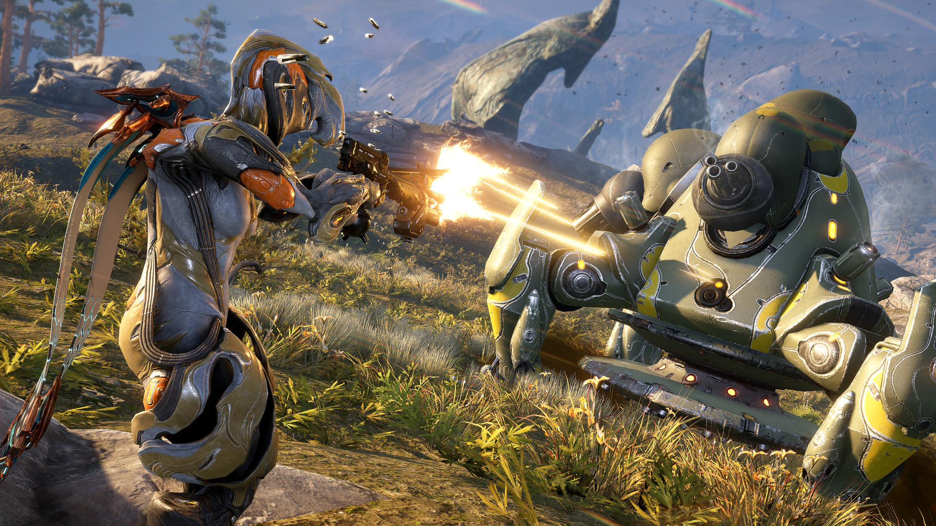 Warframe in-game screenshot of a Tenno exploring a mission tileset