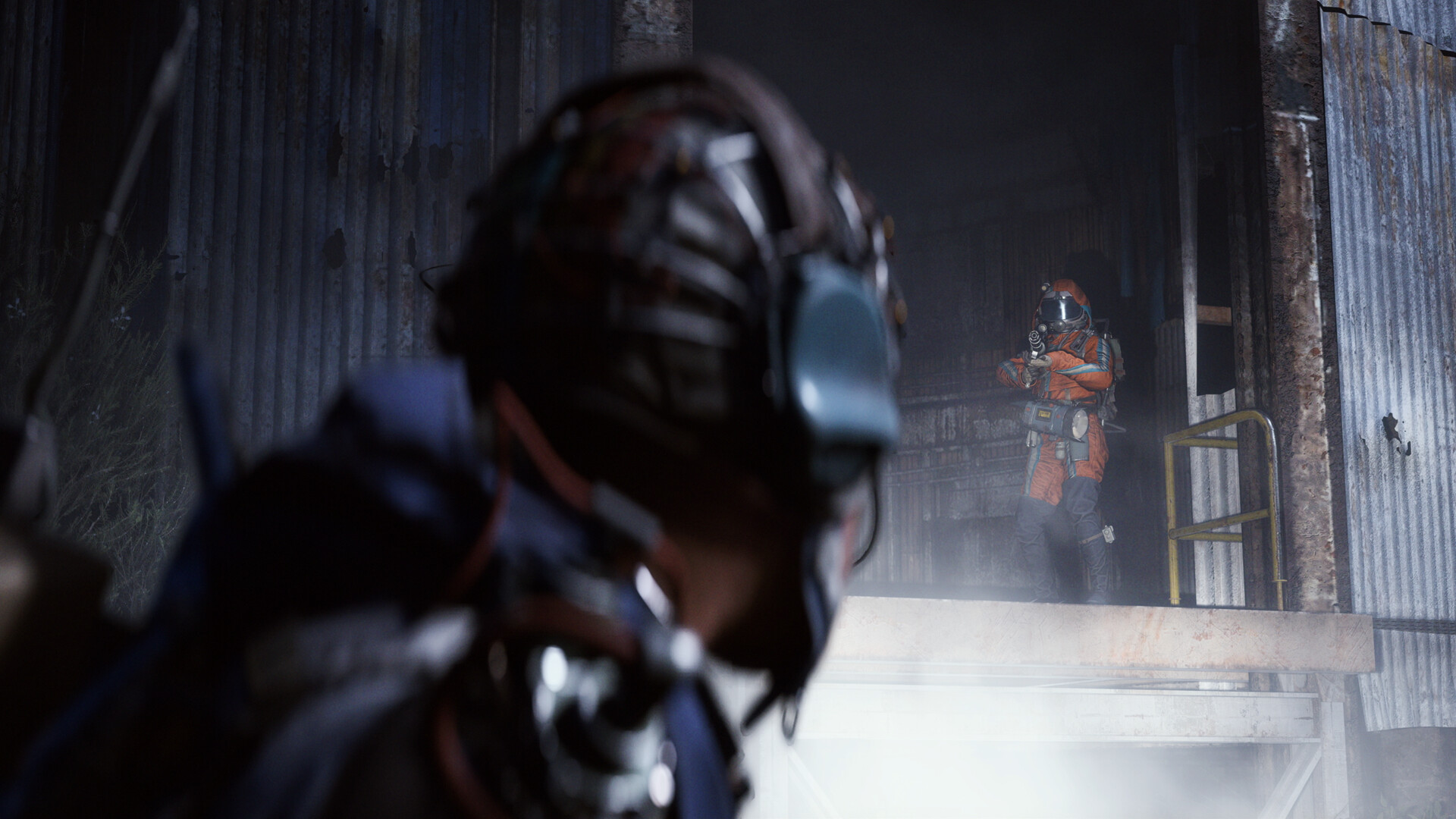 ARC Raiders gameplay screenshot showing a raider aiming a rifle at close range indoors