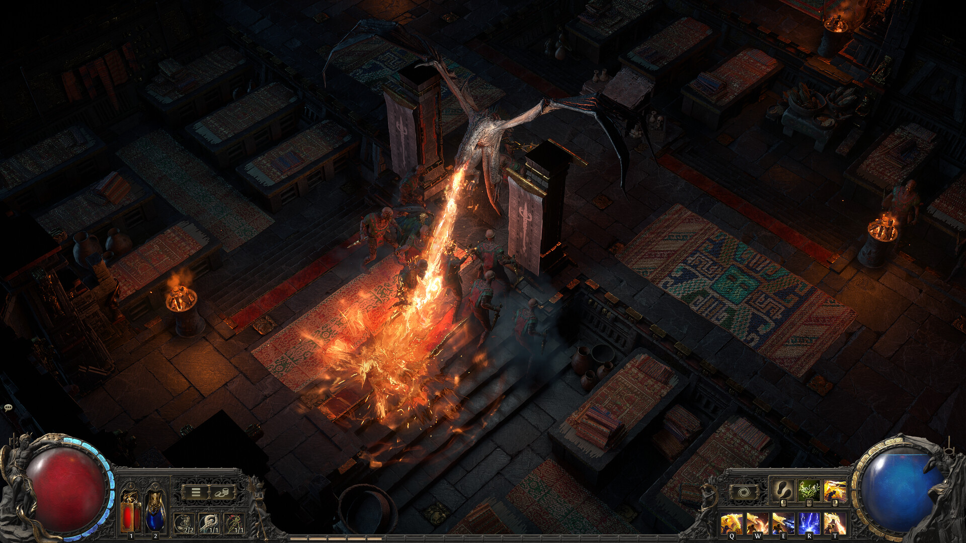 Path of Exile 2 gameplay screenshot of a spellcaster unleashing an area-of-effect spell in a dungeon