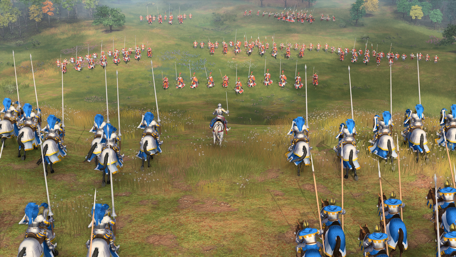 Age of Empires IV gameplay screenshot showing a large-scale medieval battle between two armies