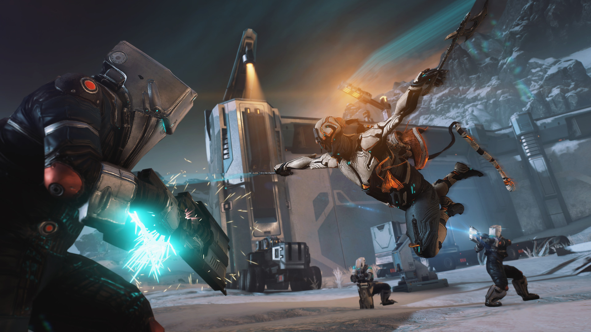 Warframe in-game screenshot showing a Warframe using an ability in combat