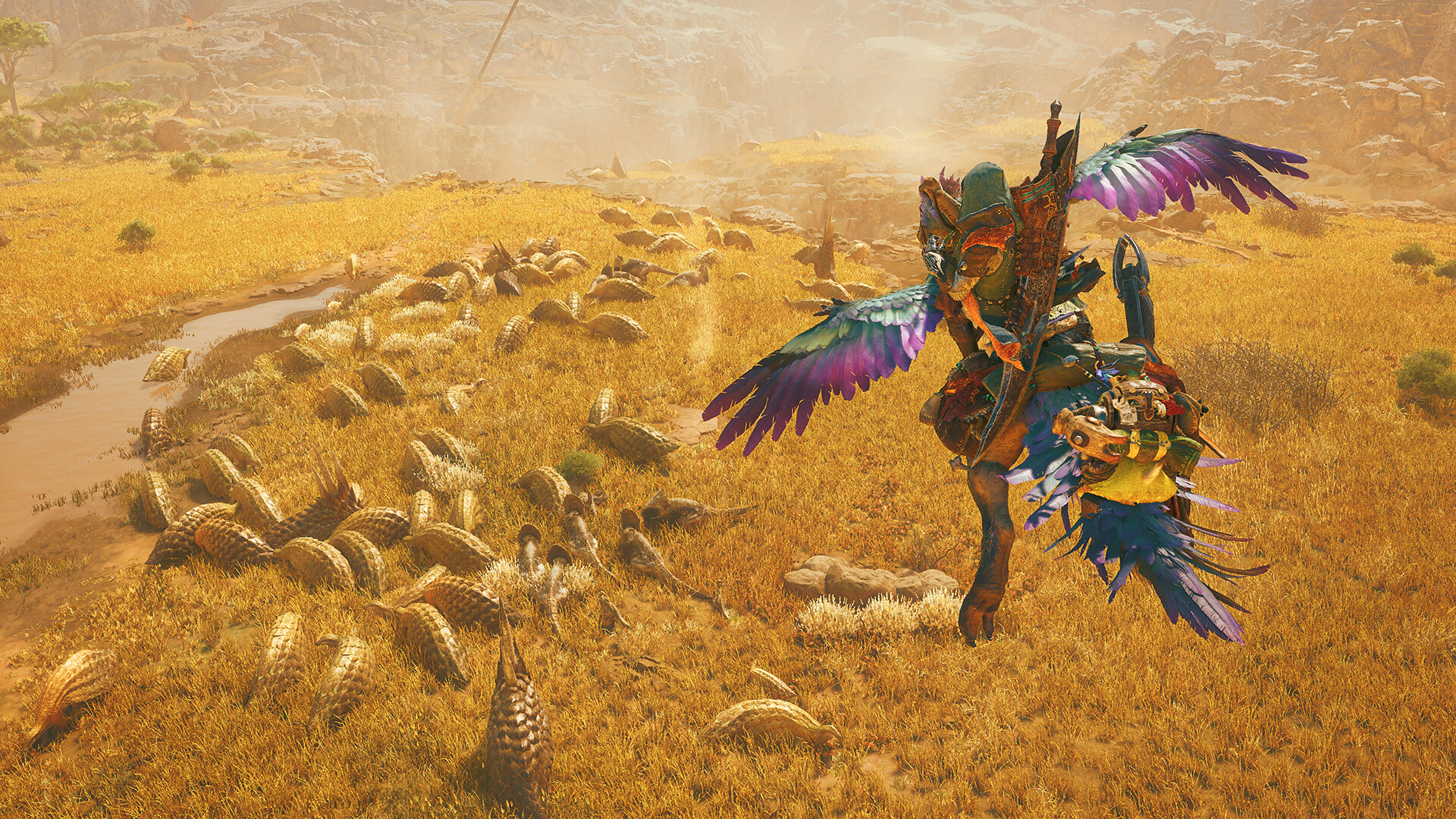 Monster Hunter Wilds gameplay screenshot showing a hunter using ranged weaponry against a large monster
