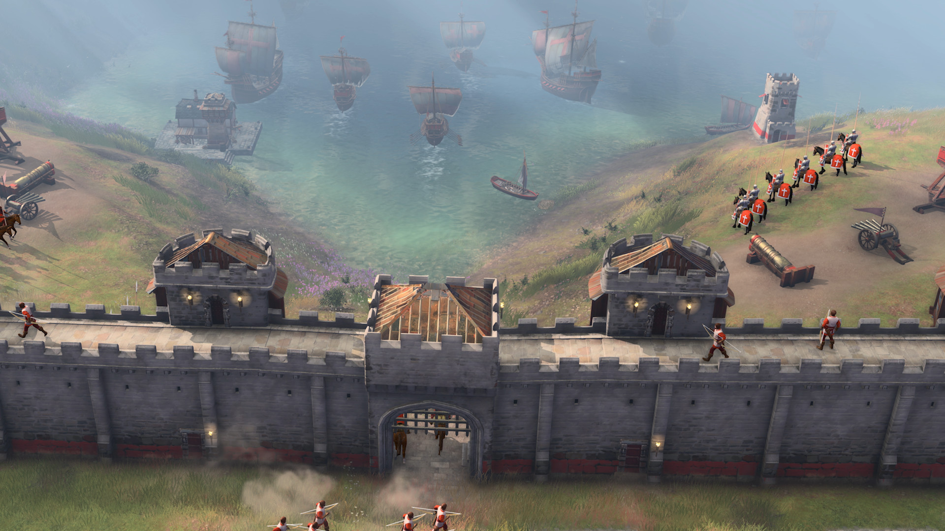 Age of Empires IV gameplay screenshot showing naval units and coastal terrain