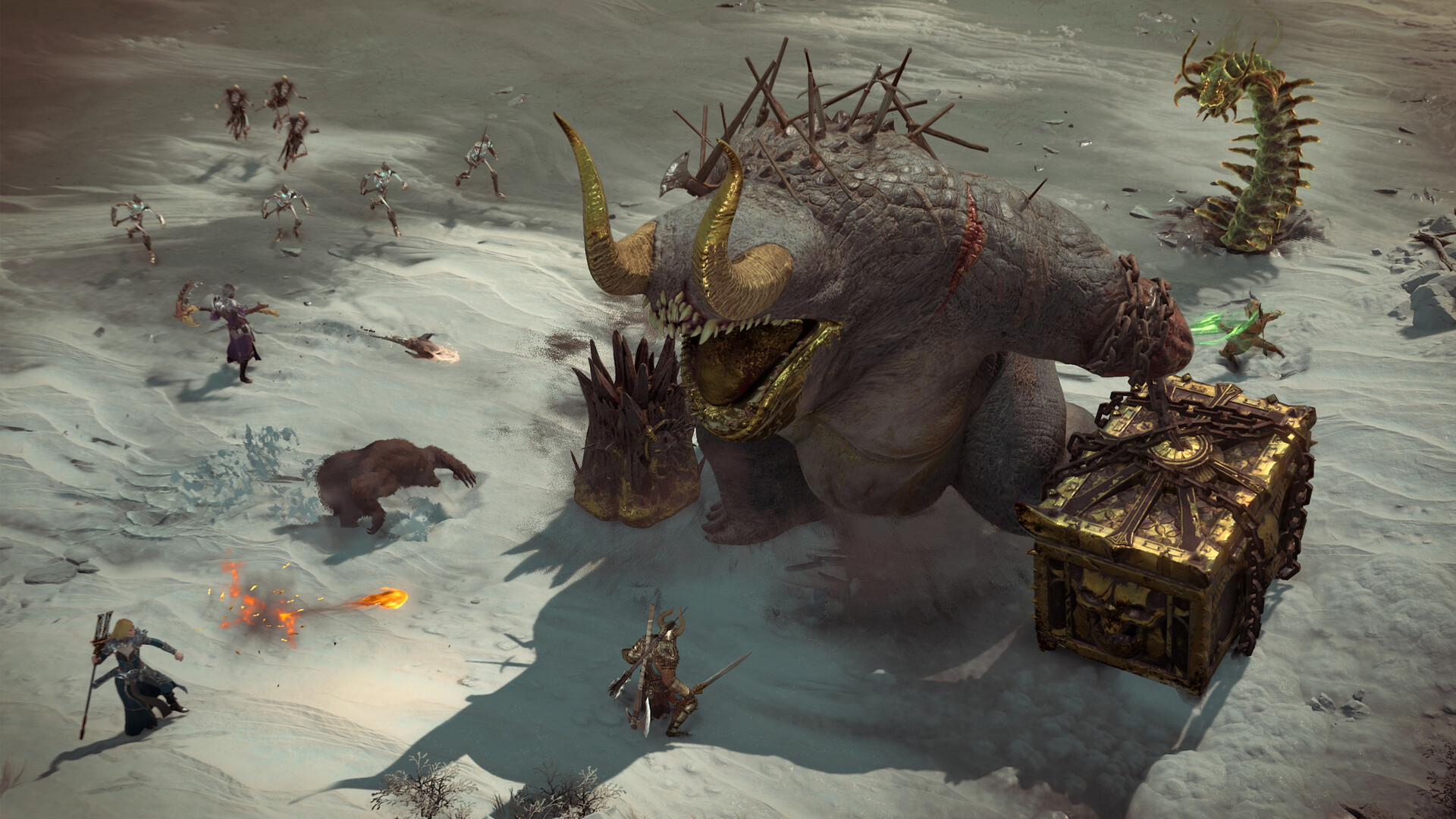 Diablo IV character using a skill against a horde of demons in a dungeon
